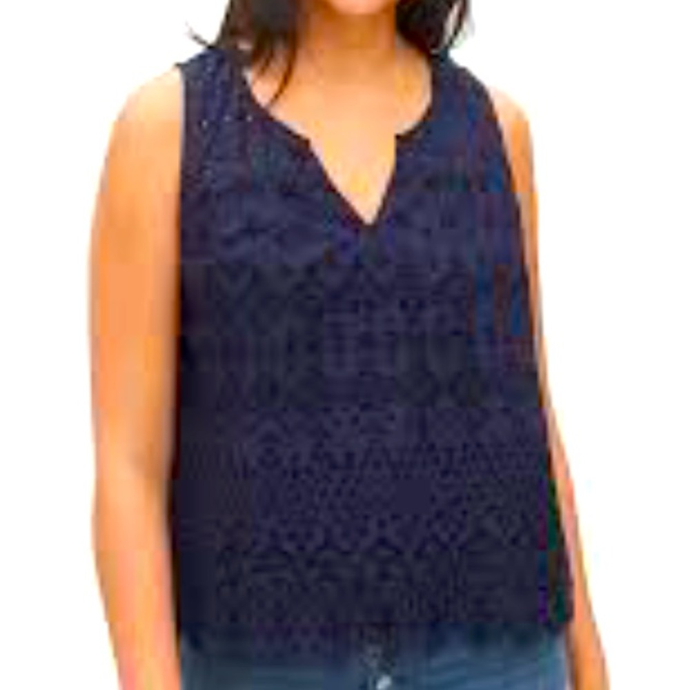 Gap Sleeveless Eyelet Blouse Large Blue 100% Cotton Classic Loose Fit NEW